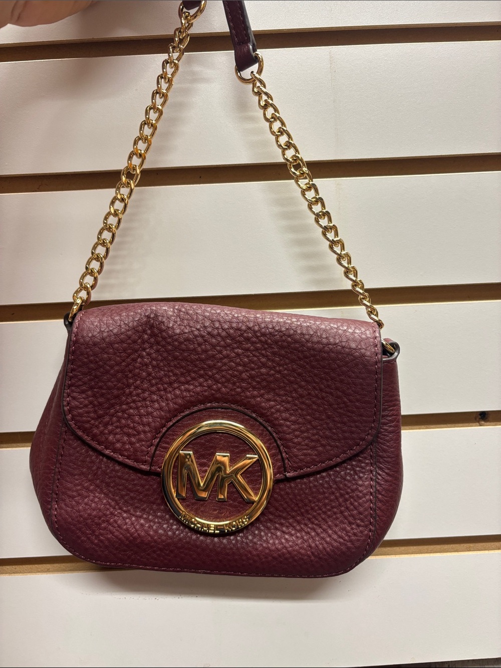 Michael Kors Wine Leather Crossbody with Gold Chain and MK Logo